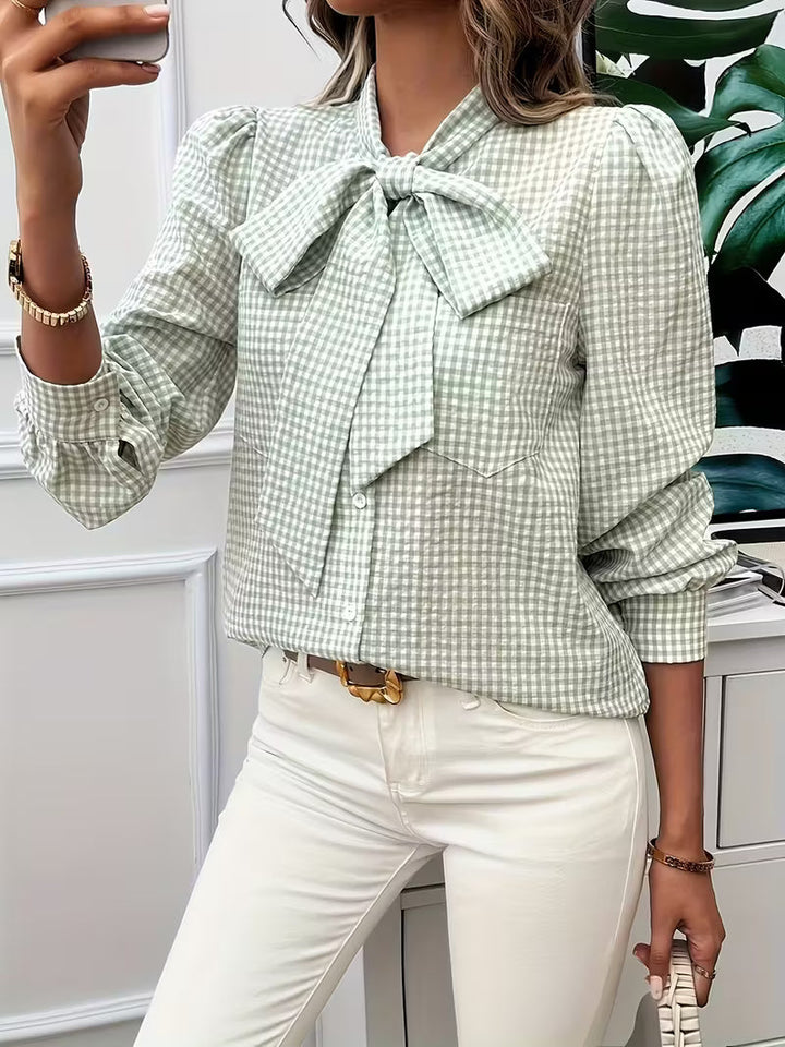 Ella - Elegant Gingham Check Bow Tie Blouse