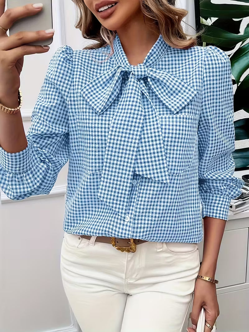 Ella - Elegant Gingham Check Bow Tie Blouse
