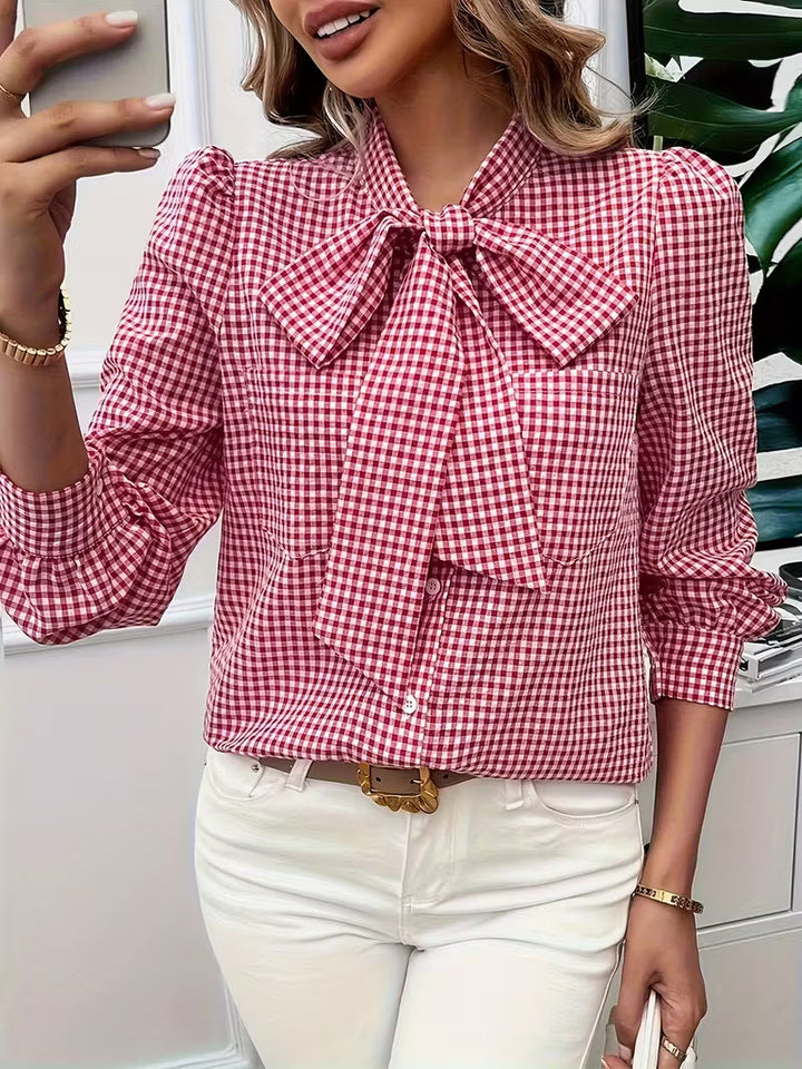 Ella - Elegant Gingham Check Bow Tie Blouse