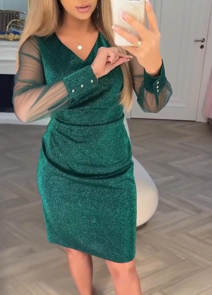 Hannah | Shiny Dress with a V-neckline and Patchwork