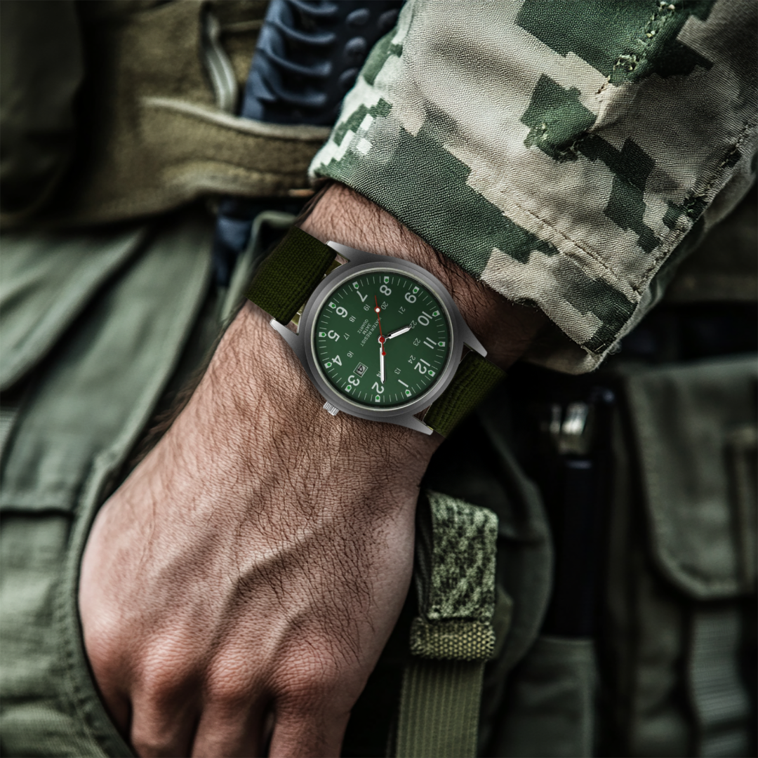 Casual wristwatch inspired by military watches