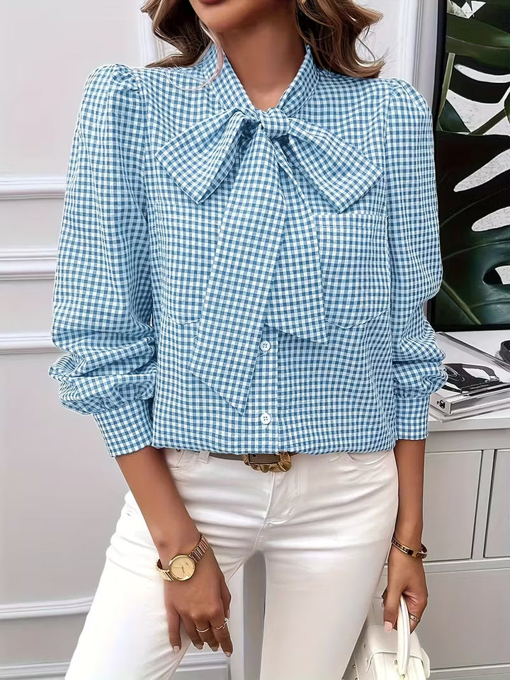 Ella - Elegant Gingham Check Bow Tie Blouse