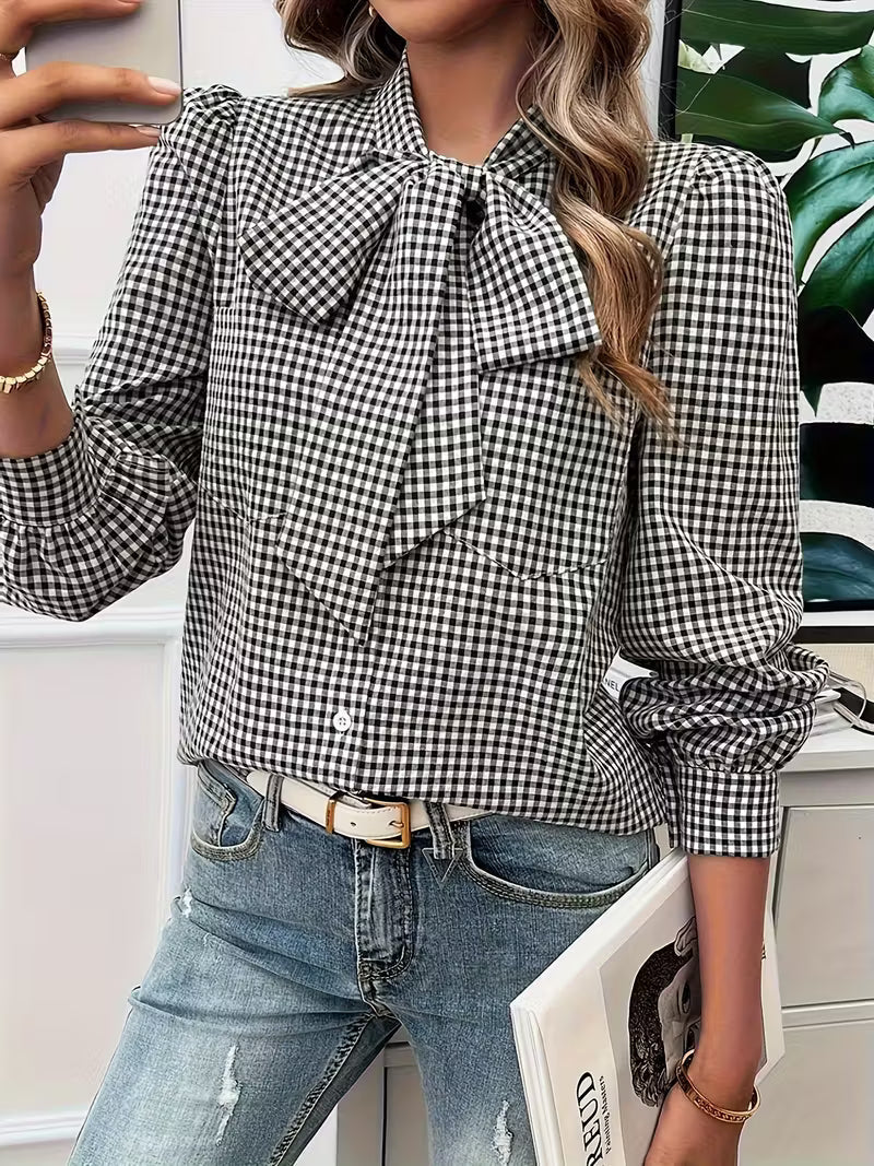 Ella - Elegant Gingham Check Bow Tie Blouse