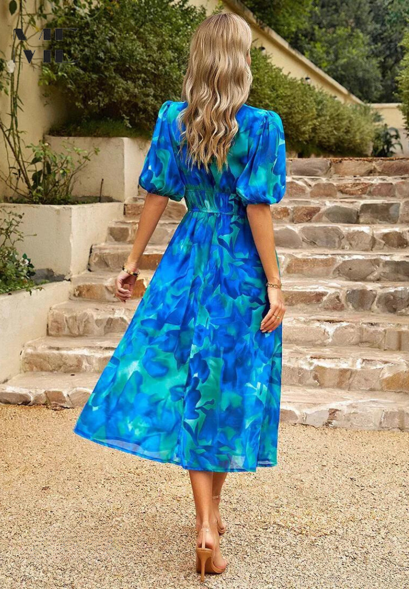 Monica | Floral Midi Dress with Puff Sleeves