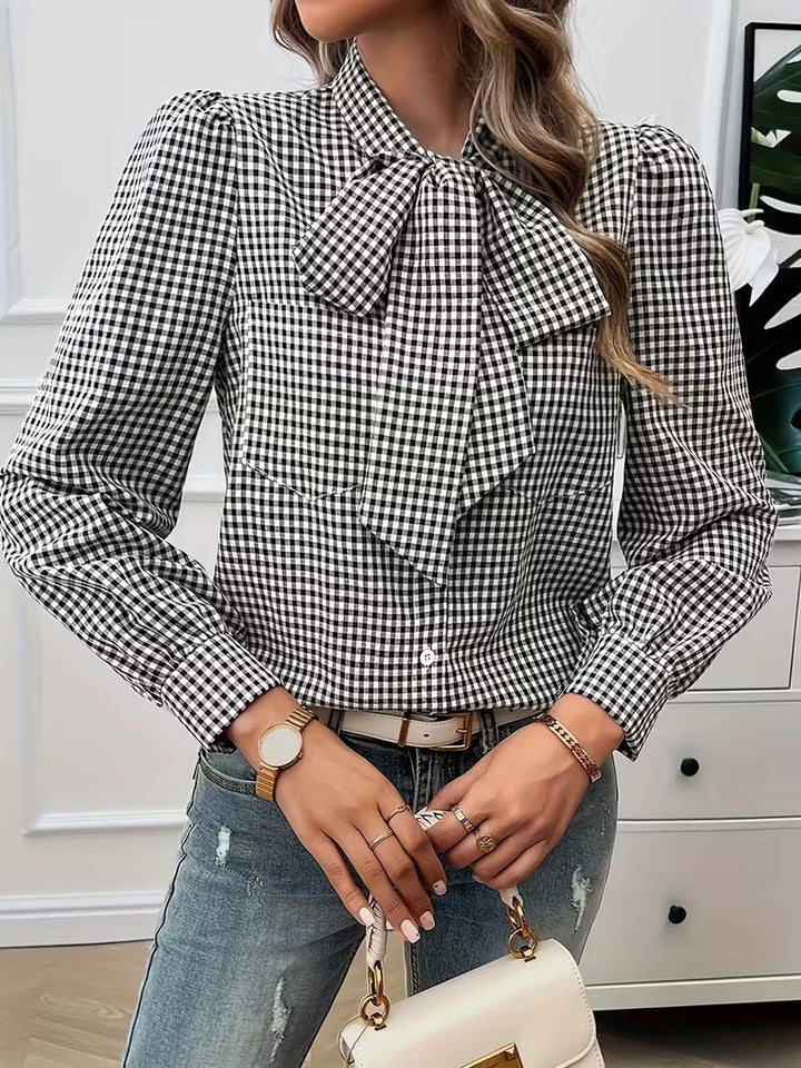 Ella - Elegant Gingham Check Bow Tie Blouse