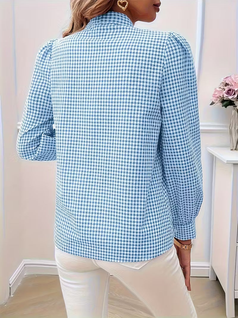 Ella - Elegant Gingham Check Bow Tie Blouse